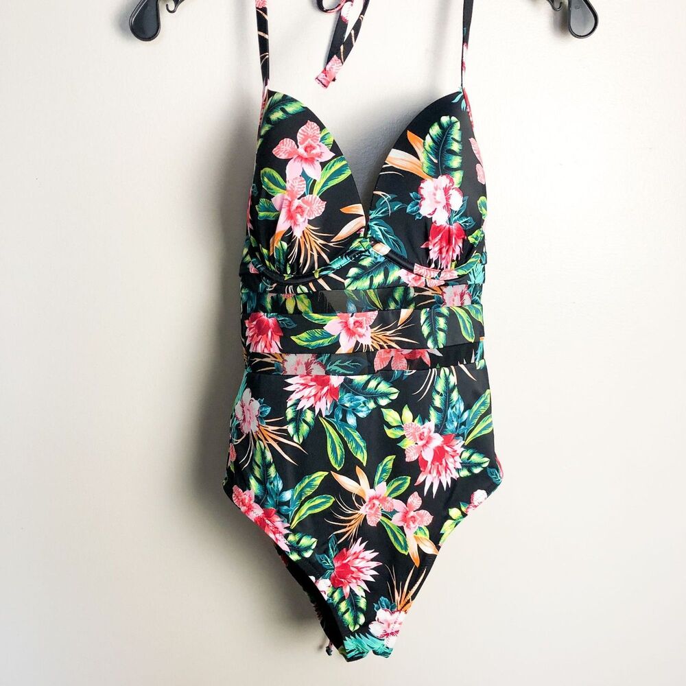 Shade & Shore Tropical Print Underwire One Piece Swimsuit 34D